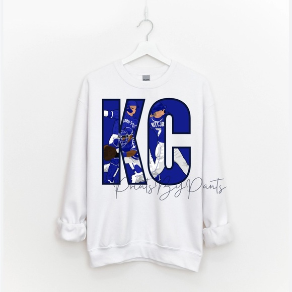 Gildan Sweaters - Kansas City Royals KC Crewneck Pullover Sweatshirt White & Blue MLB Baseball XL